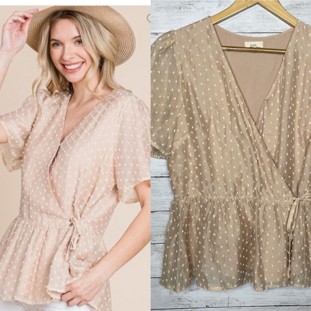 Ott Taupe Cream Tan Swiss Dot Wrap Top Medium